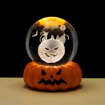 6cm 3D Crystal Ball Crystal Pumpkin Night Light Laser Engraved Skull Ghost Haunted House Birthday Gift Home Desktop Decoration