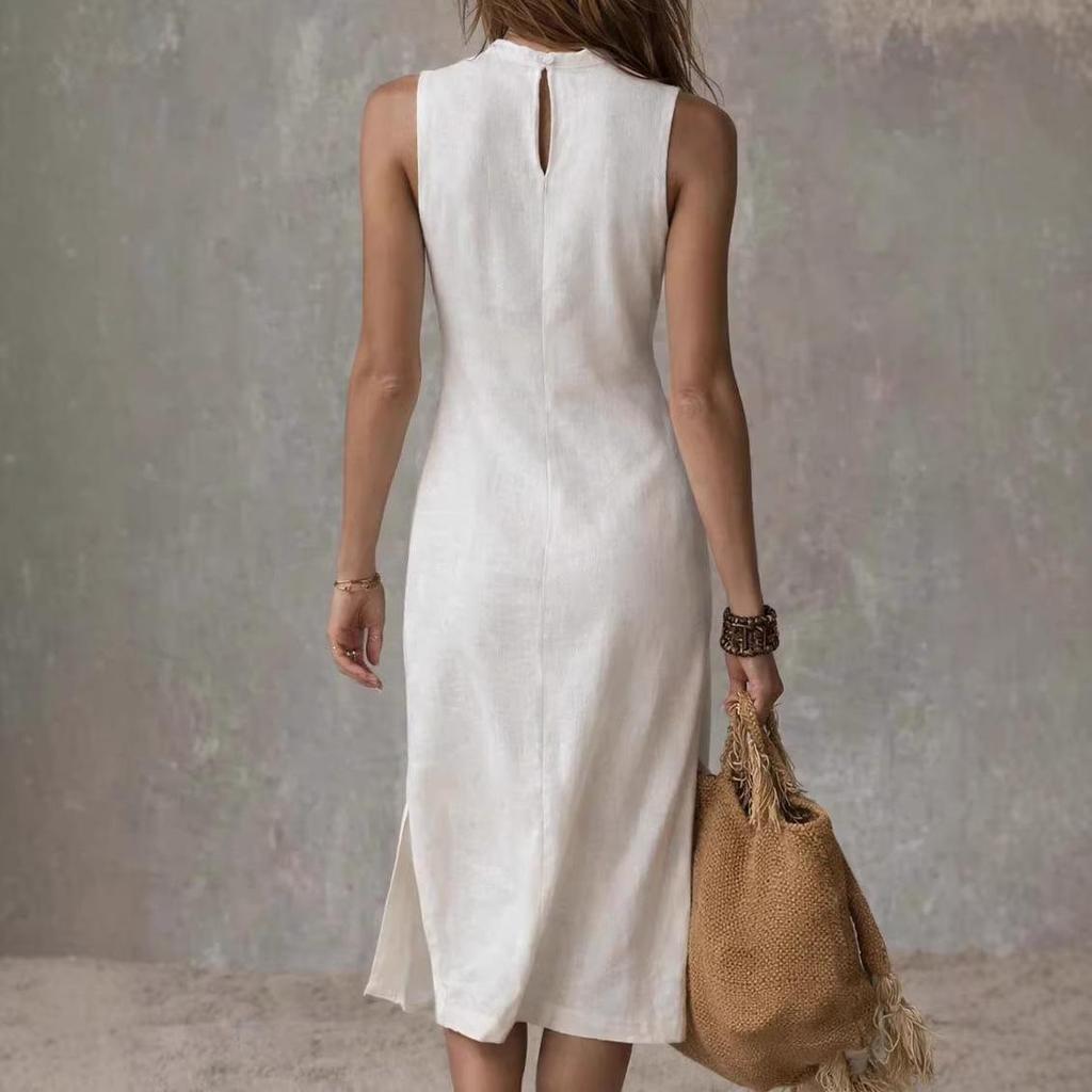 2026 European Women's Sleeveless Solid Color Knit Dress with High Slit