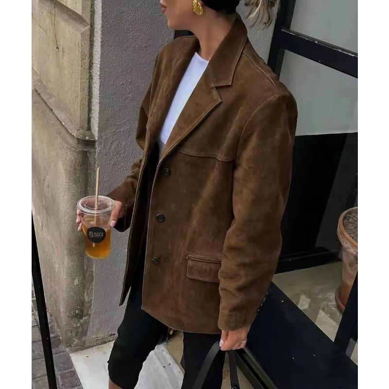 Jesień Zima Vintage Wykładany Kołnierz Zamszowa Tkanina Blezery Kobiety Luźny Casual Jednolity Kolor Pasujący do Wszystkiego Top Garniturowy