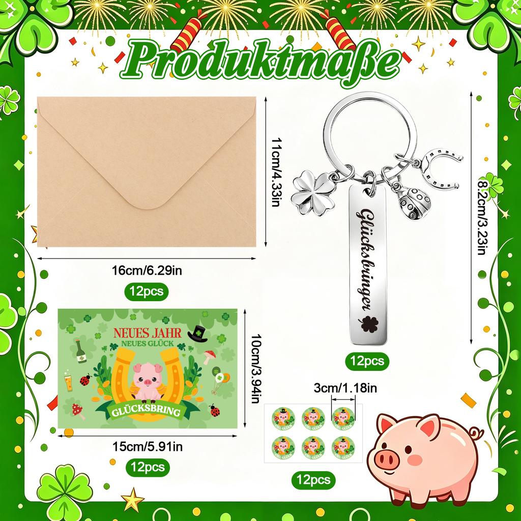 12 Clover Leaf Key Ring Lucky Charm Cards Envelopes Stickers