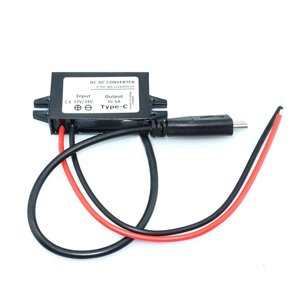 12V/24V To 5V USB C 5A 25W DC Converter Step-down Step Down Module Power Adapter Type C Wire Connector