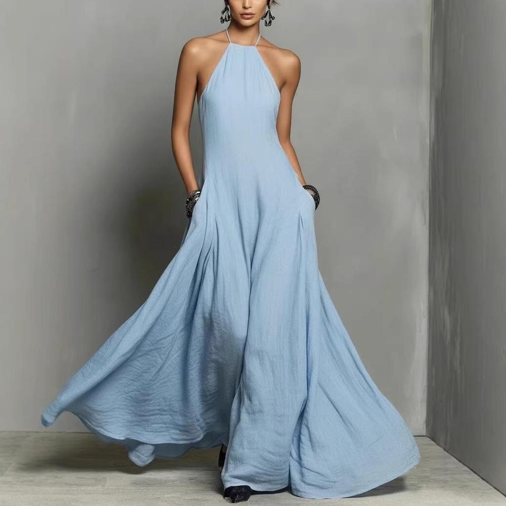 2026 European & American Spring/Summer Cotton Linen Blend Backless Sleeveless Long Dress