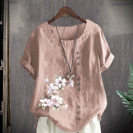 Frauen Shirt Kurzarm Rundhals Knöpfe Dekor Lose Atmungsaktive Streetwear