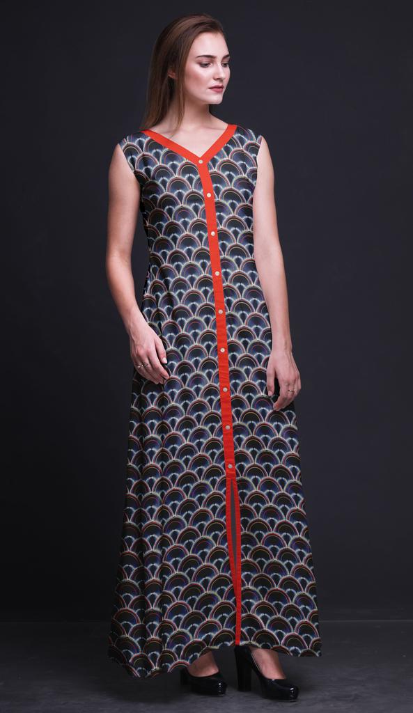 Bimba Black Floral Printed Women Designer Mandarin Collar Anarkali Dress Indian Ethnic Kurta