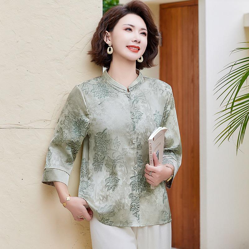 Mom's 2025 New Style Seven-Sleeve Printed Chiffon Blouse for Middle-Aged and Elderly