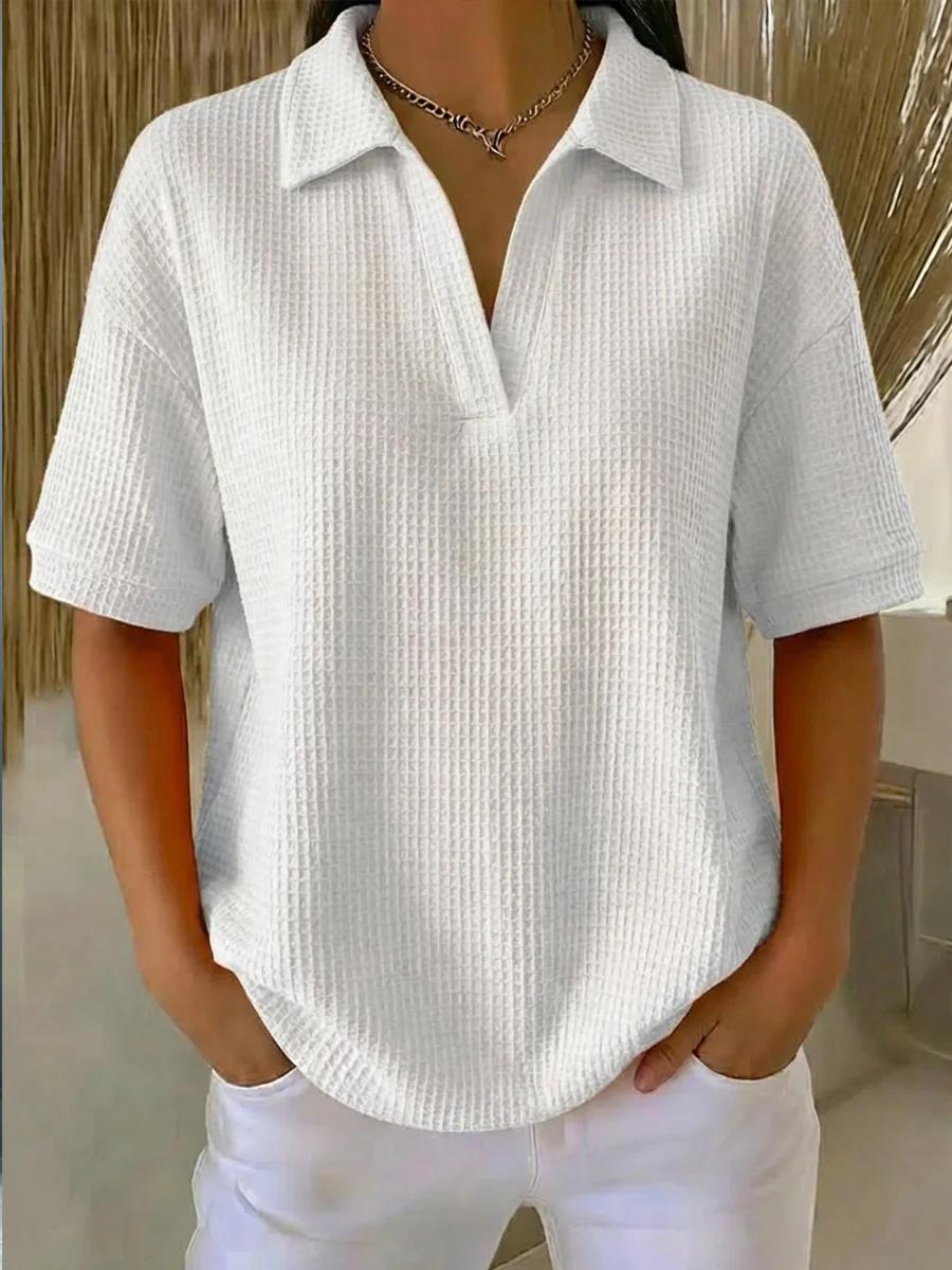 Women s White Short Sleeve V-Neck Waffle Texture Loose Casual Shirt S