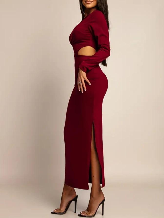 2026 European & American Style Sexy Round Neck Hollow Long Sleeve Bodycon Dress