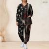 Women Plus Size Two Piece Black Red Printed Nurse Scrub Set V Neck Long Sleeve Top With Pockets Long Pants
