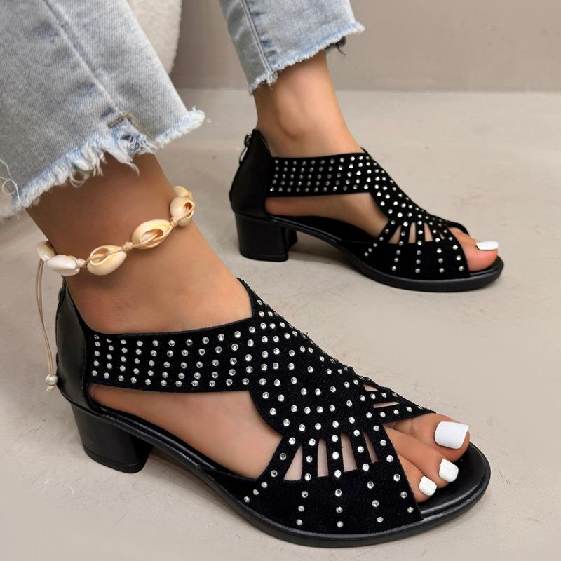 Fashion 2025 Summer New Peep Toe Women's Cover Heel Sandals Outdoor Crystal Back Zip Chunky Heels Sandal for Retro Daily Office & Career
