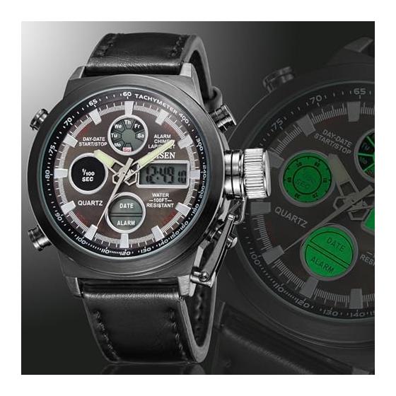 Men's Military Arm Watch: Double Display Digital Outdoor Tactical Watch LED Luminous Quartz Watch Waterproof Large Leather Band Steam Punk Cool Black