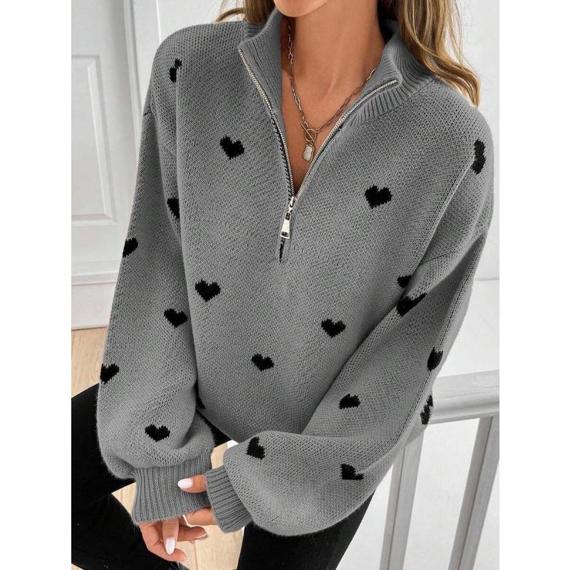 Damen Lockerer Halb-Reißverschluss Gestrickter Langarm Pullover mit Herzmuster Freizeit