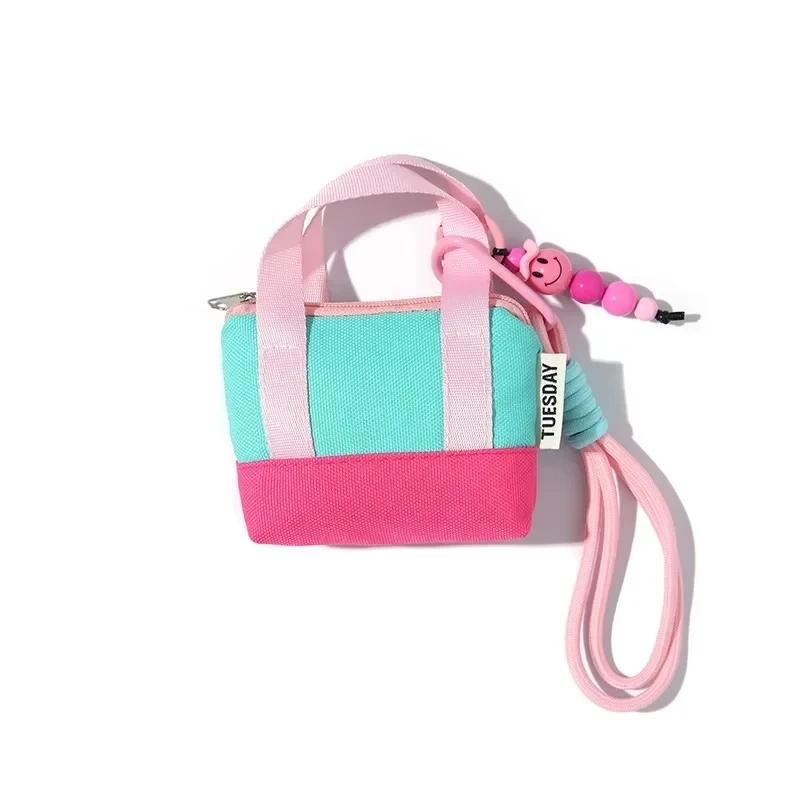Mini Dopaamine Pink Handbag Earphone Case Storage Box Data Cable Protective Cover Organizer Coin Card Holder Fashionable