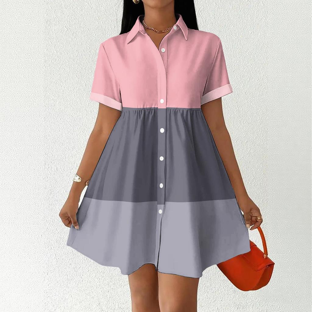 Women Loose Fit Shirt Dress Button Front Stand Collar Short Sleeve Casual Dress with Stripe Print for Daily Wear