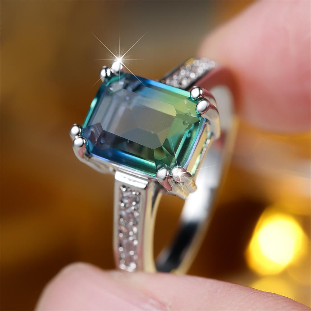 

Square Stone Blue Green Zircon Rings For Women Vintage Silver Color Engagement Ring Wedding Jewelry Bridal Valentine s Day Gifts 10 срібні білого кольору