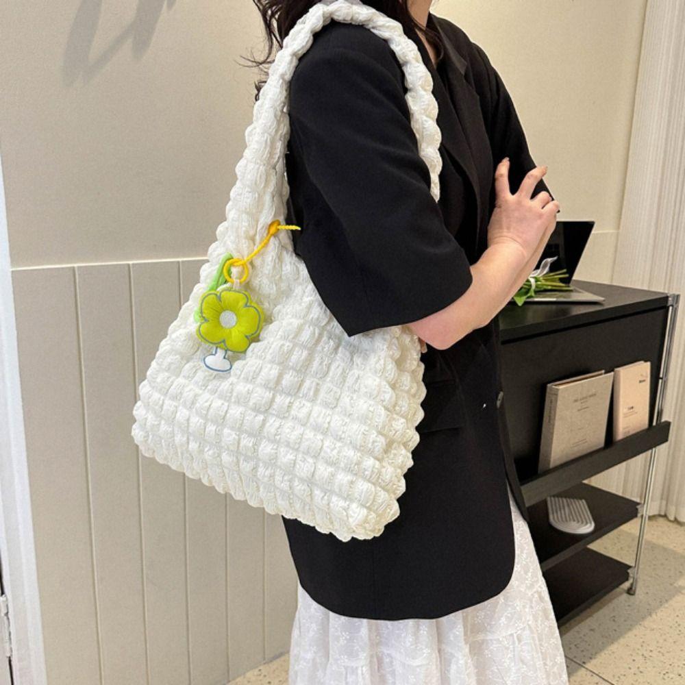 Solid Color Plaid Crossbody Bag Korean Style Pleated Tote Bag Cute Cloud Bubble Shoulder Bag Girls