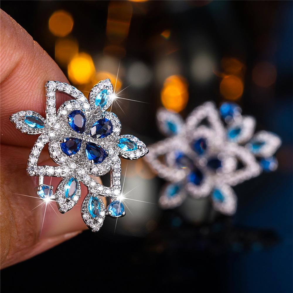 Luxury Female Cute Crystal Blue Zircon Stone Flower Stud Earrings Vintage Silver Color Wedding Fashion Jewelry For Women