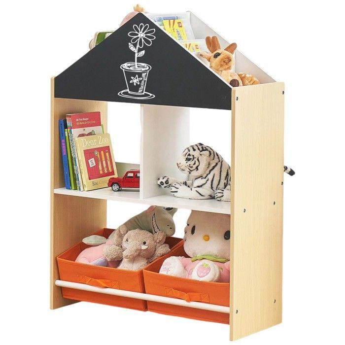 Meuble de rangement enfant GINGER HOME – Étagère maison en bois avec ardoise, 2 bacs tissu, 62,4x26,5x90 cm – Organisation jouets