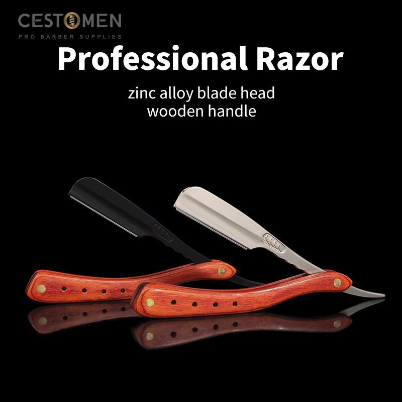 CESTOMEN Professional Folding Men Shaving Straight Razor Black Wooden Handle Straight Razor Holder Beard Shaving Tools