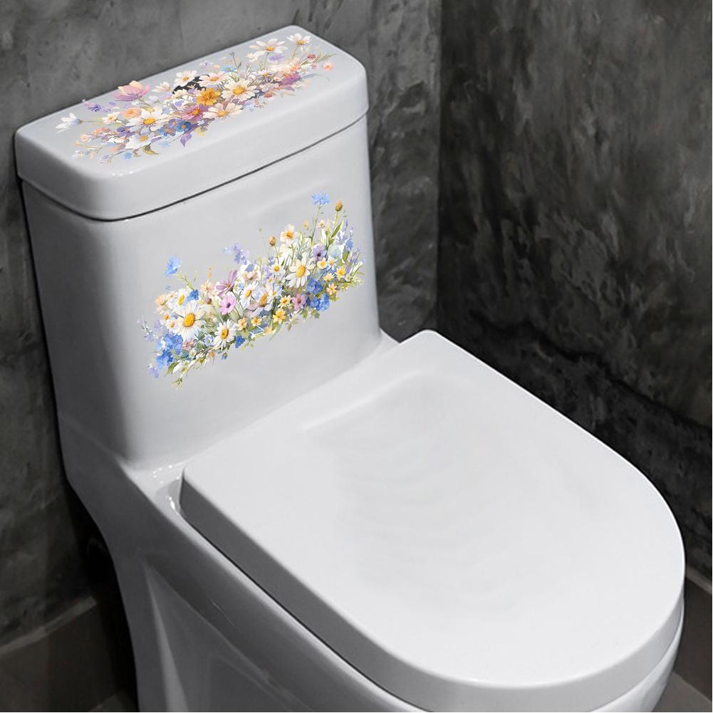 Colorful Floral Toilet Seat Lid Sticker, DIY Removable Toilet Lid Decals, Plant Leaves Flowers Self-Adhesive Bathroom Wall Stickers Toilet Sticker
