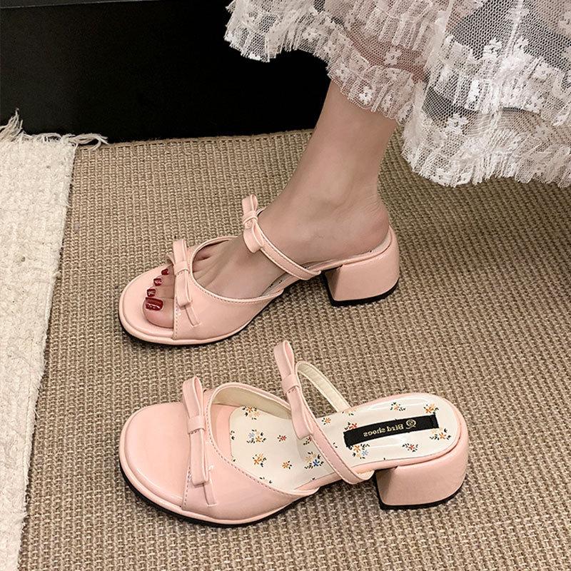 One Word with Sandals Women's Summer New Thick Heel with Skirt Bow Wear High Heel Cool Slippers