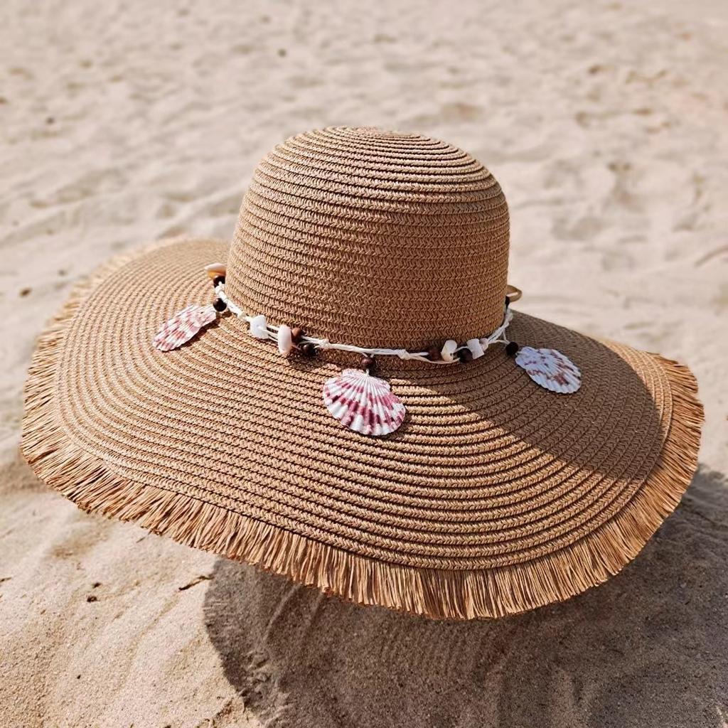 Hairbeard Shell Straw Hat Women's Summer Sunscreen Big Eaves Hat Anti UV Sun Hat Outdoor Travel Sunshade Hat Beach Hat