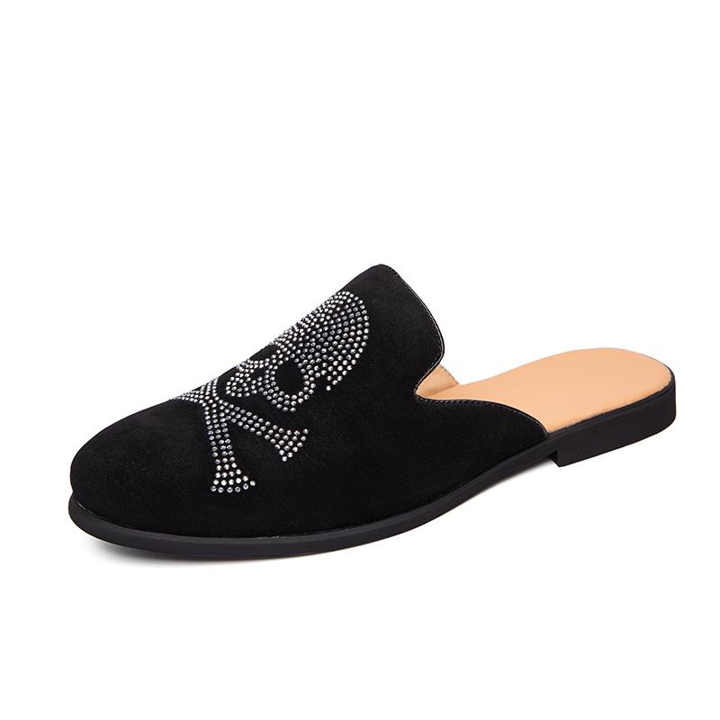 

Летние полуботинки со стразами в виде черепа для мужчин 2025, мюли, мужские шлепанцы, повседневная кожаная обувь, полусабо, лоферы, мужские туфли для вождения 38