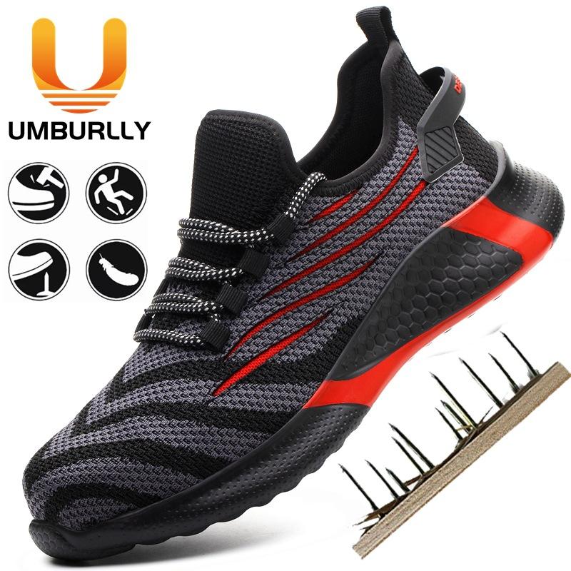 

men s anti-smashing and anti-piercing steel baotou four seasons flying weaving breathable safety protective shoes lightweight work shoes Pink * 50