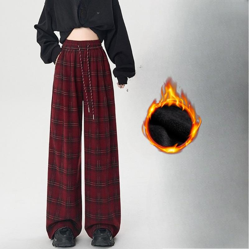 Plus Velvet Woolen Plaid Pants Women's Autumn and Winter Retro Straight Casual Loose Wide-leg Pants