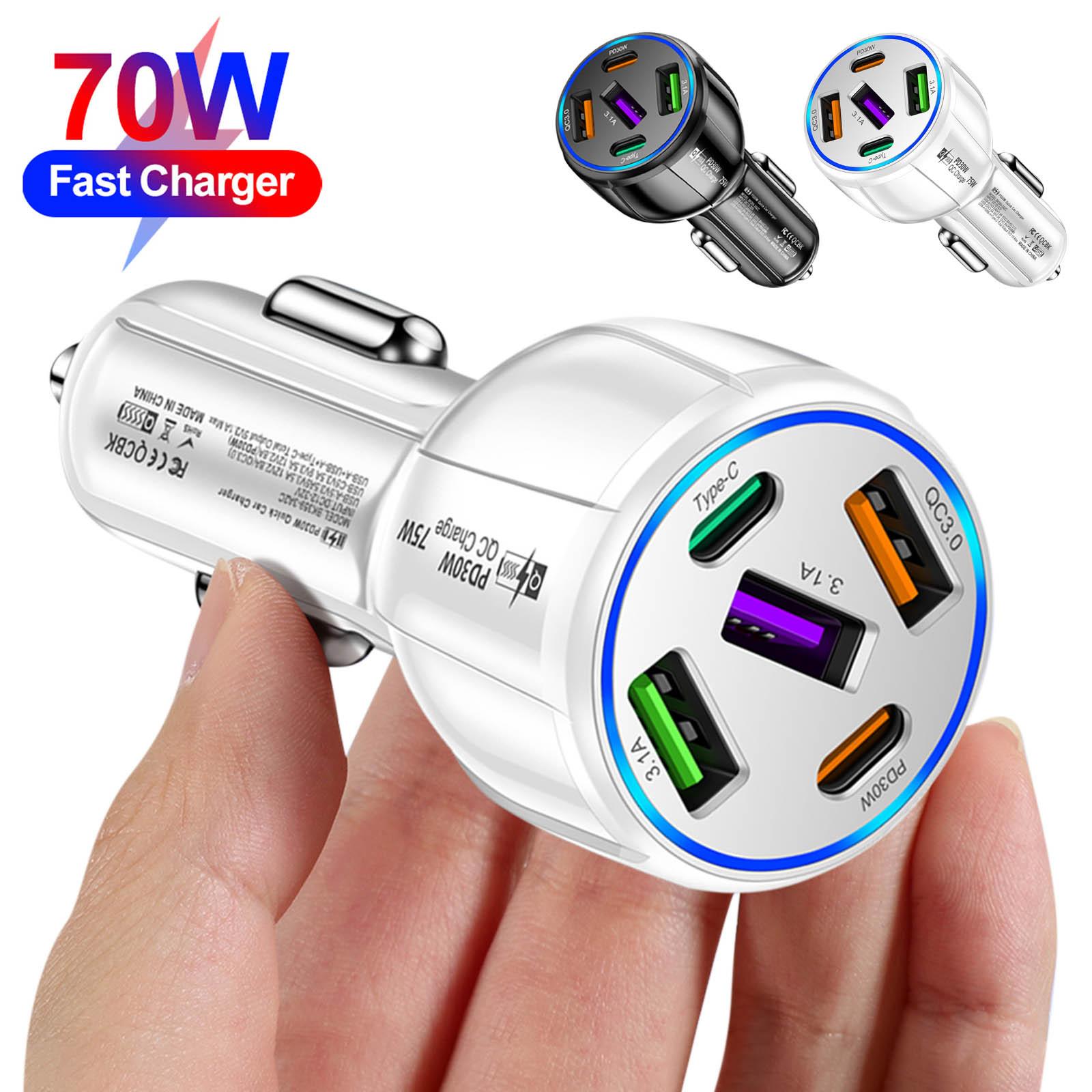 

Автомобільний адаптер 5 в 1, 2 порти PD+3 USB, автомобільний зарядний пристрій із швидкою зарядкою, 70 Вт, адаптер для швидкого заряджання QC3.0, світлодіодний цифровий дисплей чорний