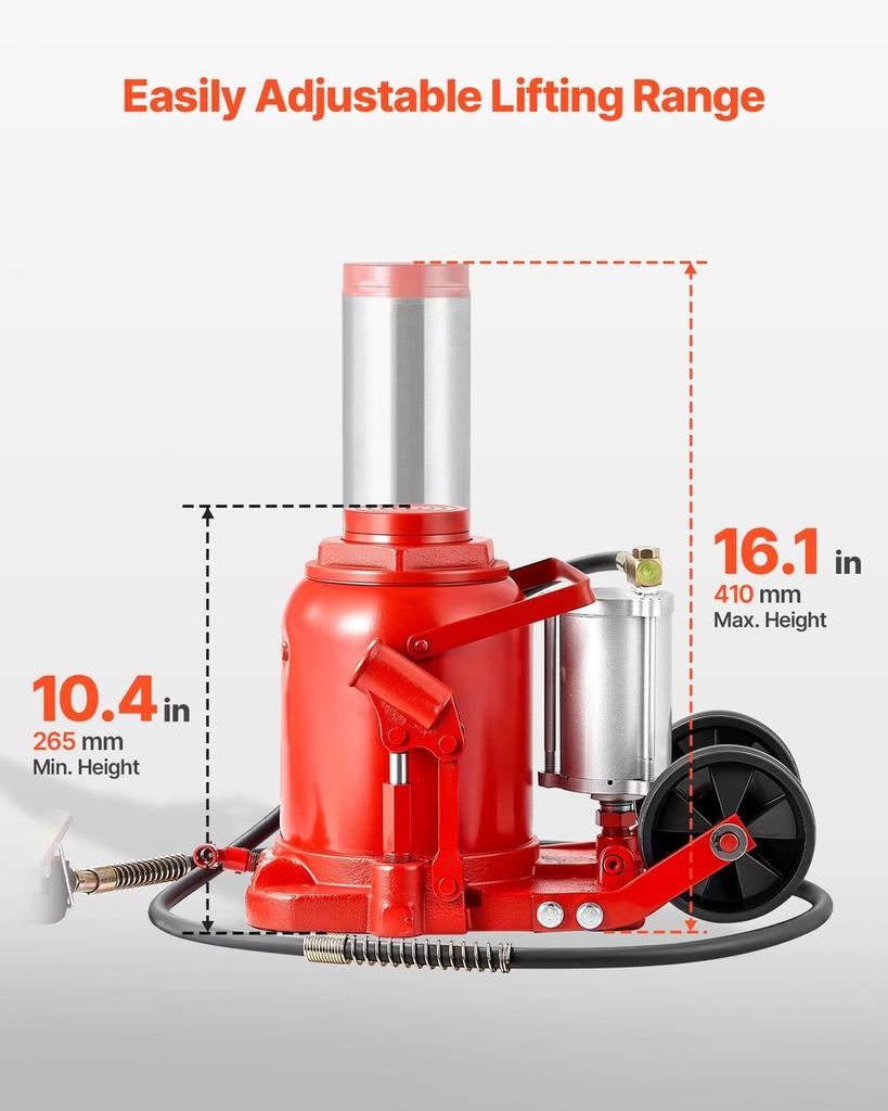 Air Hydraulic Bottle Jack, 50 Ton (110231.5 Lbs) Capacity, 265-410 Mm Lifting Range, Pneumatic/Manual Heavy Duty Welded Bottle Jack with Pump for SUV,