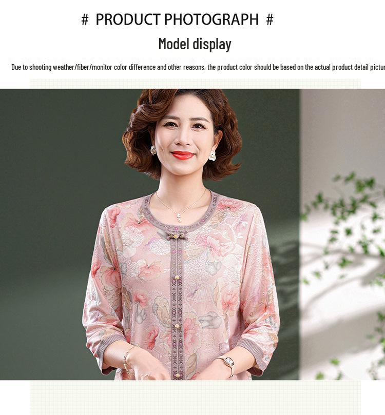 Maternity Rhinestone Seven-Sleeve Round Neck Top for Middle-Aged & Elderly Women - Spring/Summer Loose Age-Reducing T-Shirt