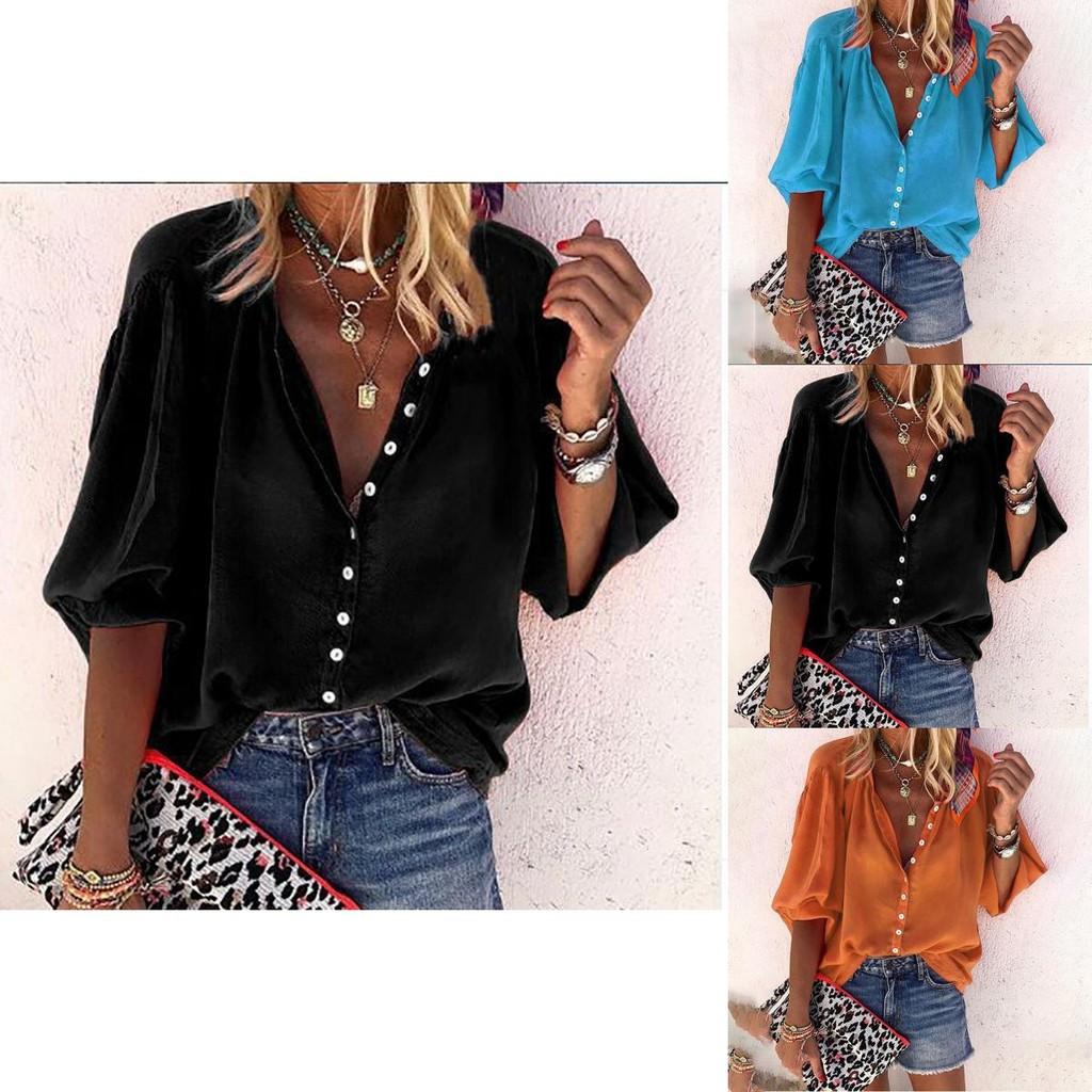 Stylish Women's 3/4 Sleeve Shirt Top Comfortable Loose Fit Button Down Blouse T-shirt