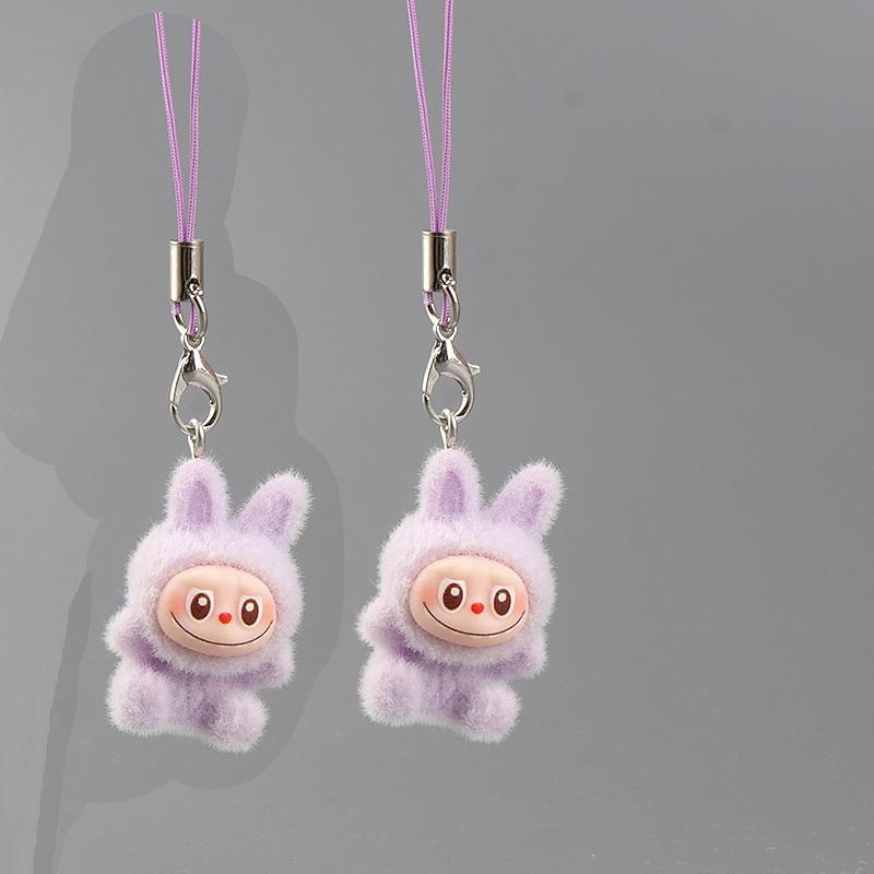 

2 шт. Милый кулон для рюкзака, флокированный кролик Лабубу, цепочка для телефона, брелок, шнурок для подвешивания чехла для наушников, ремешок против потери, декор для сумки