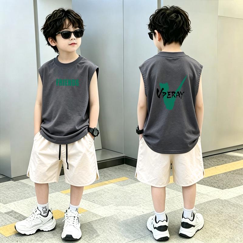 Boys' Trendy Cotton Sleeveless Vest & Shorts Set - Summer Two-Piece for Medium and Large Children