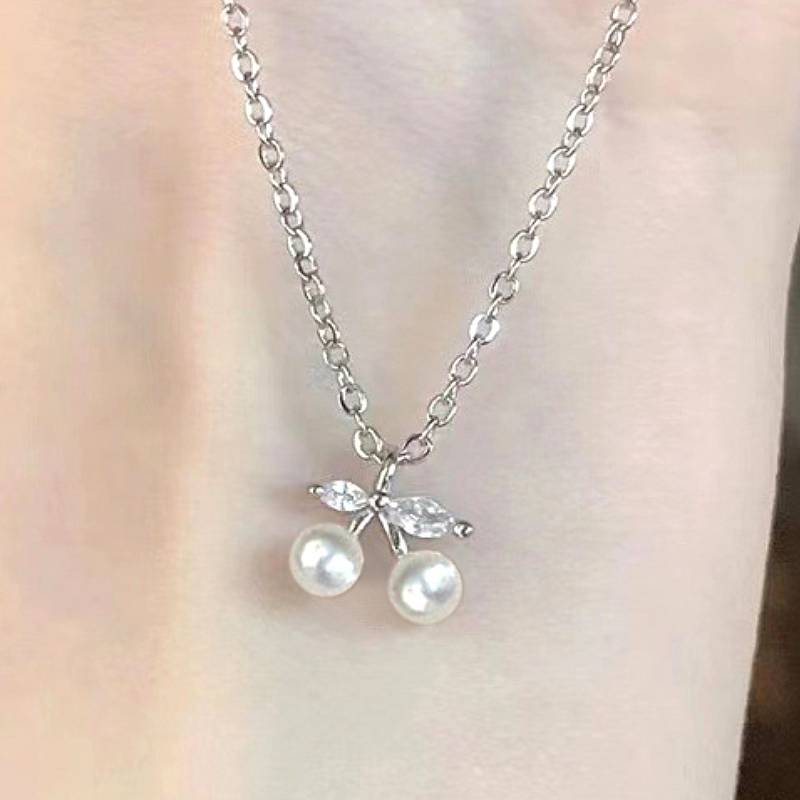 Huitan Aesthetic Cherry Women Imitation Pearl Pendant Necklace for Wedding Engagement Elegant Accessories Trendy Jewelry with CZ