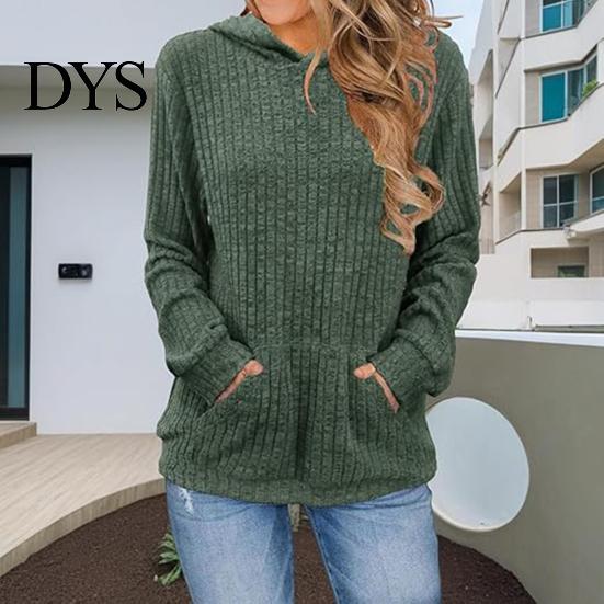 Warm Long-sleeve Sweater Women Knitted Hooded Long Sleeve Loose Fit Ribbed Knitting Pullover Tops with Pockets Casual Solid Color Autumn Knitwear