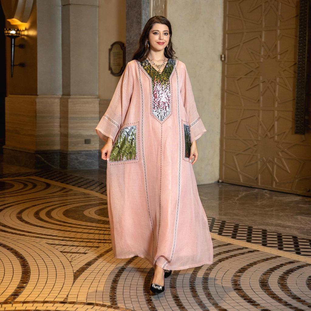 Dubai Sequin Embellished Jalabiya - Eid Muslim Women's Long Robe
