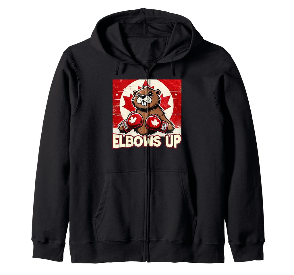 Elbows Up Canada Canadian Counter Tariff Beaver Boxing Zip Hoodie