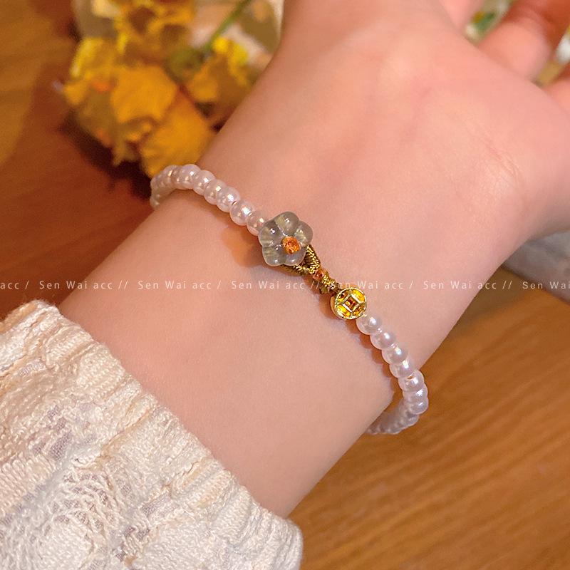 Korean Retro Pearl Titanium Steel Women's Bracelet - High-End Ins Style Beaded Bangle for Couples