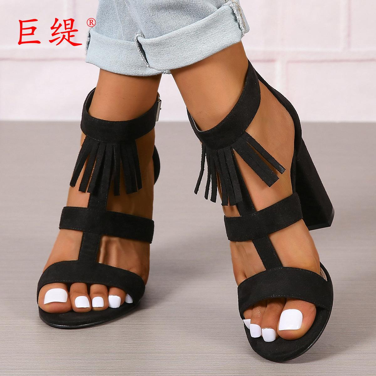 

Новые модные женские туфли большого размера с бахромой на высоком каблуке, женские сандалии с пряжкой US size 5 чёрный