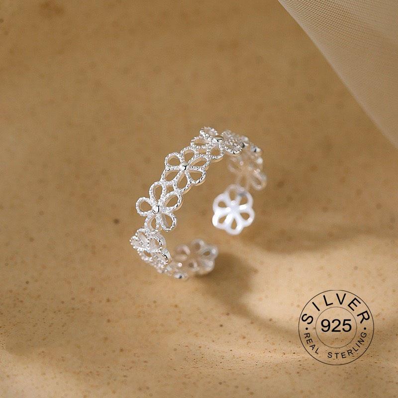 

925 Sterling Silver Rings For Women Geometric Fine Jewelry Finger Adjustable Cute Flower Leaf Zirco Ring For Party Birthday Gift resizable