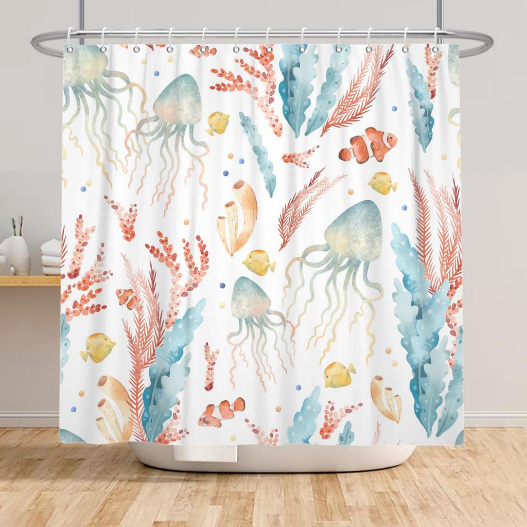 Ocean Theme Shower Curtain Underwater Marine Animal Patterns Sea Turtle Dolphin Whale Jellyfish Print Waterproof Bathroom Decor