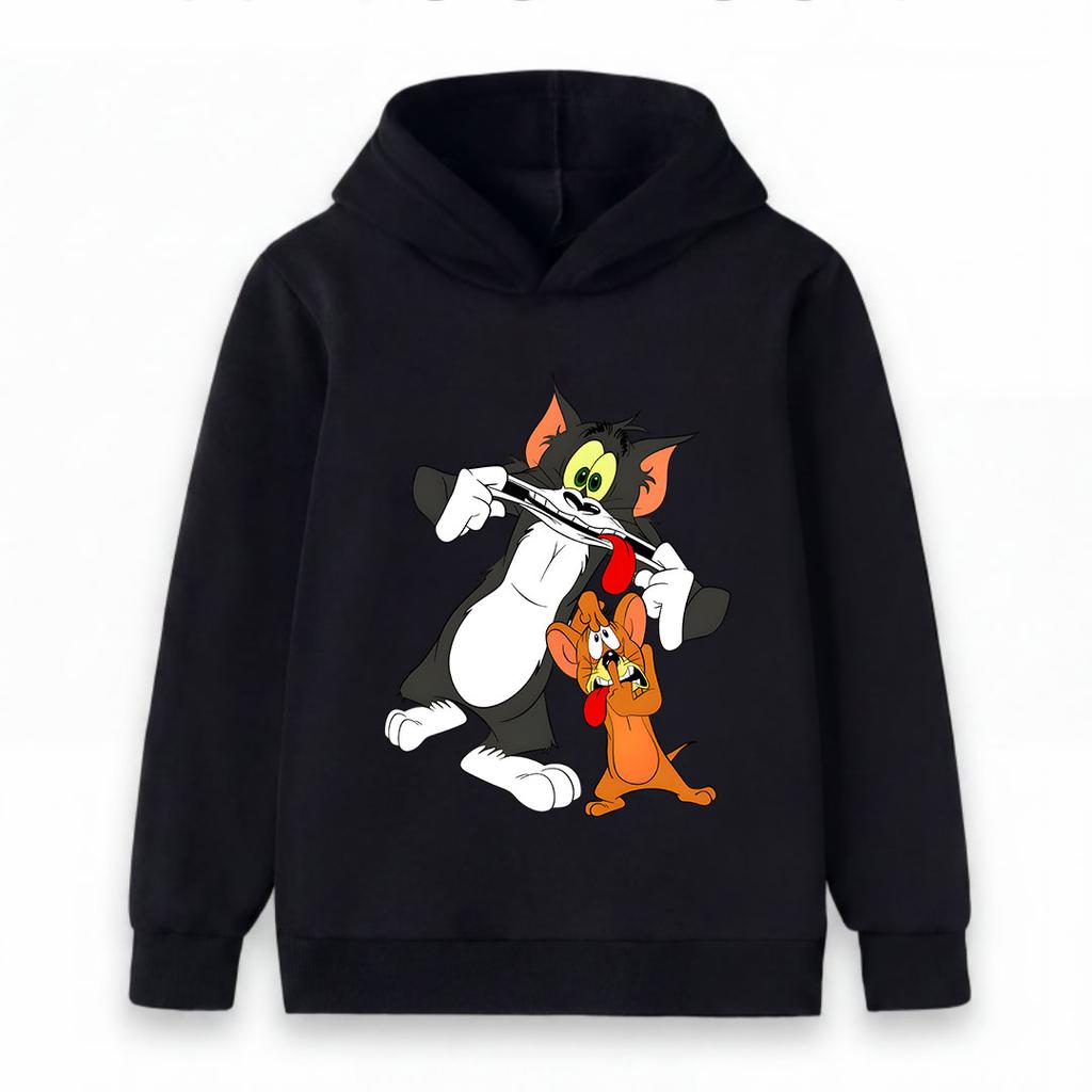 Kids Boys Girls Hoodie Sweatshirt, Funny Cartoon Cat Mouse Playing Flute Print Pullover Top, Casual Soft Long Sleeve Hooded Clothes for Boys Girls