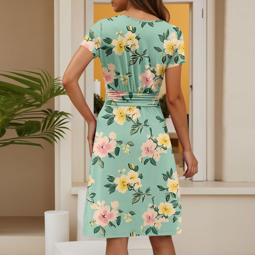 Women's Casual Fashion Round Neck Pleated Short Sleeve Floral Print A-Line Midi Dress