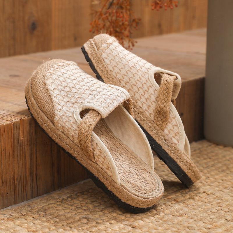 

2026 spring and summer new linen slippers T31 literary and leisure bag head drag, hand-sewn craft splicing flat-soled cloth shoes 35 бежевый