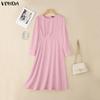 VONDA Elegant Women Round Neck Long Sleeve Side Ruffled Casual A-line Dress