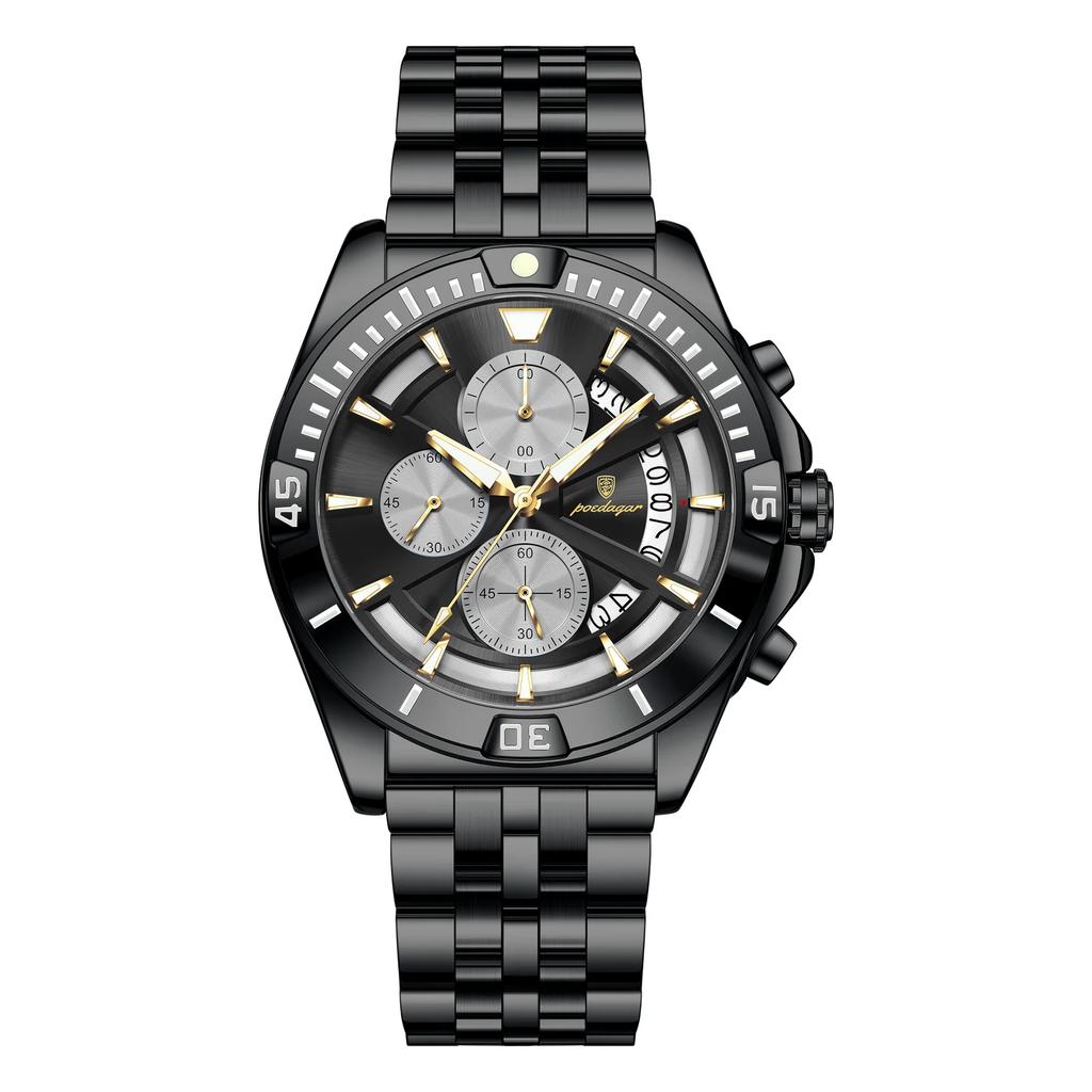 Men Chronograph Watches Stainless Steel Analog Quartz Wrist Watch Waterproof Luminous Date Business Dress Watch for Men