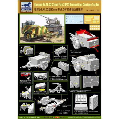 Bronco Model 1/35 Scale German Sd.Ah.52 3.7cm Anti-Aircraft Ammunition Trailer Plastic Model Kit CB35079
