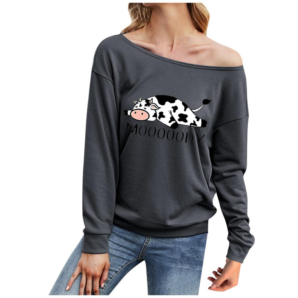 Women's Fashion Casual Cow Printed Long Sleeve Off Shoulder One Line Collar Top