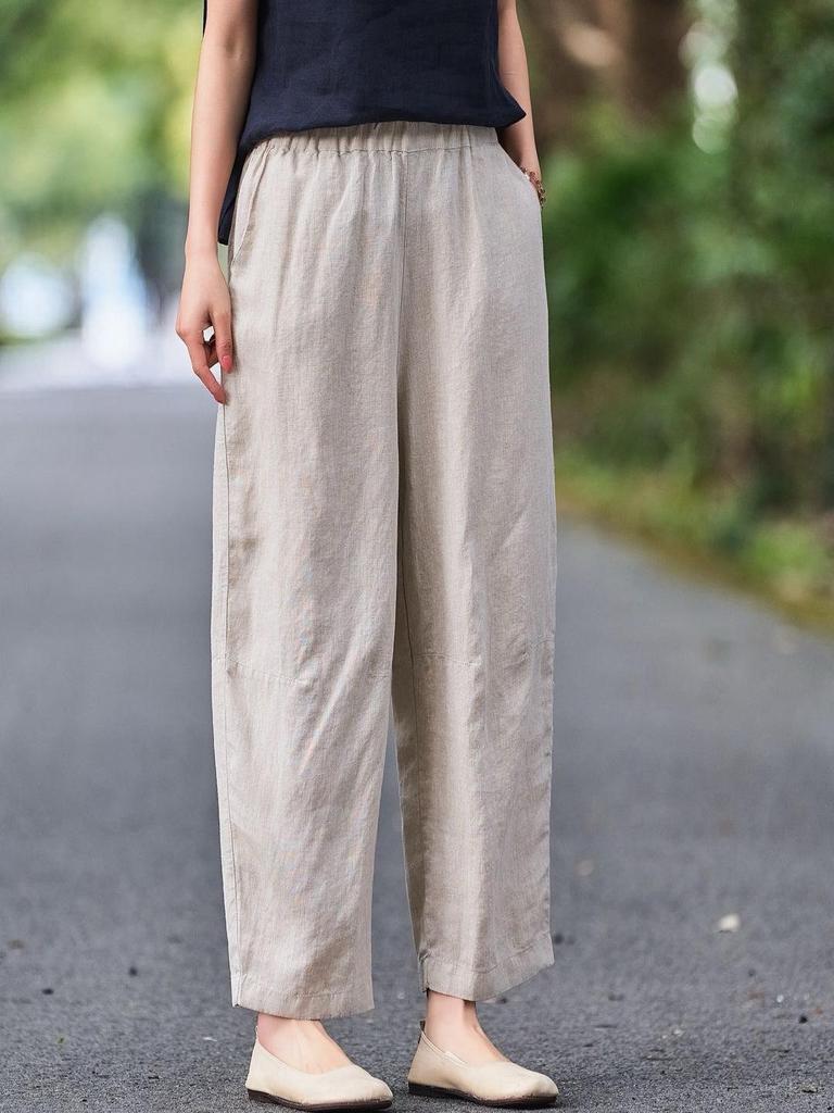 Women's Artistic Retro Linen Harem Pants - 2026 Spring Collection with Elastic Waist and Slimming Fit
